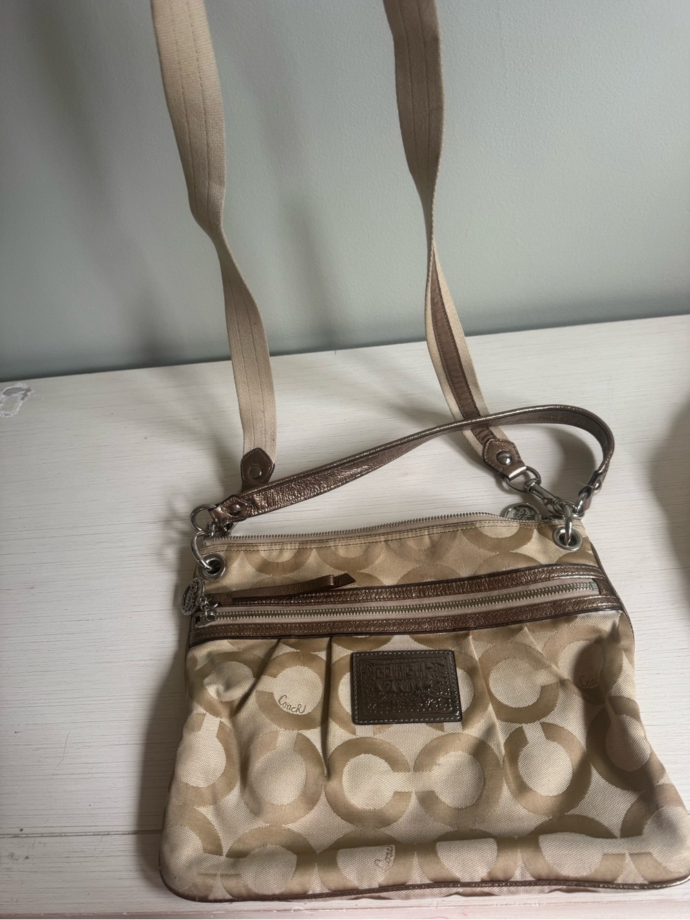 Coach Beige and Brown Signature Crossbody Bag